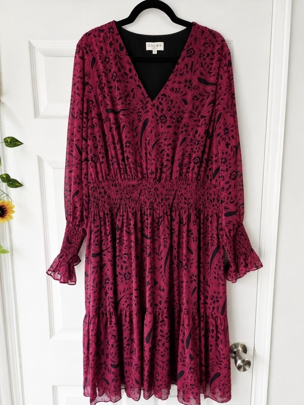 Laura Burgundy Paisley V-Neck Long Sleeve Dress